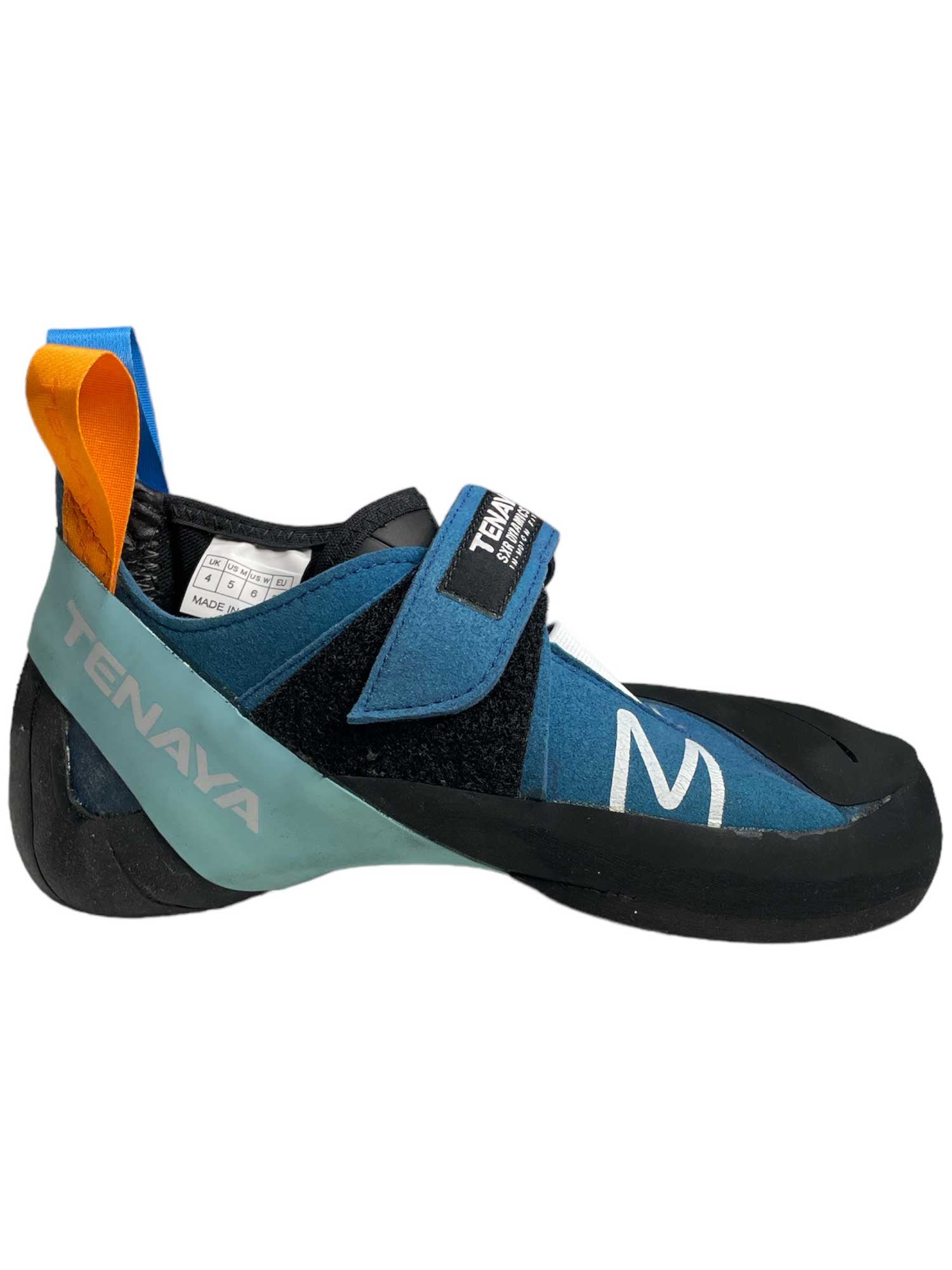 Climbing shoe with blue, black and teal upper, lace closure and velcro strap.