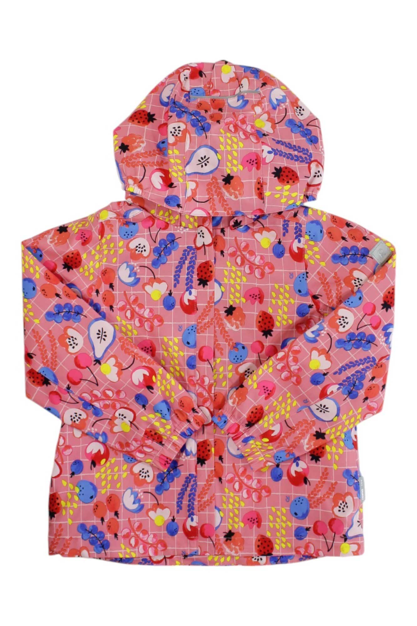 The Reima Girls Lammala Jacket is a colorful, breathable raincoat with a floral and berry print in pink, blue, yellow, white, and red on a pink checkered background. This waterproof jacket has long sleeves and elastic cuffs for comfort.