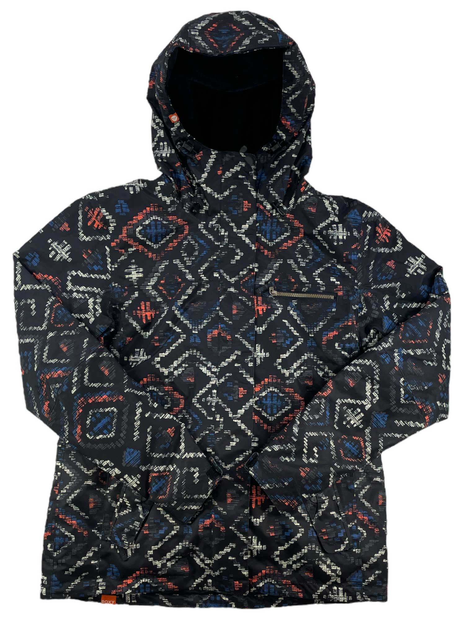 The Jetty 3N1 Snow Jacket by ROXY is black with a geometric pattern of white, blue, and red diamonds and crosses, and includes a recycled fleece liner for added warmth.