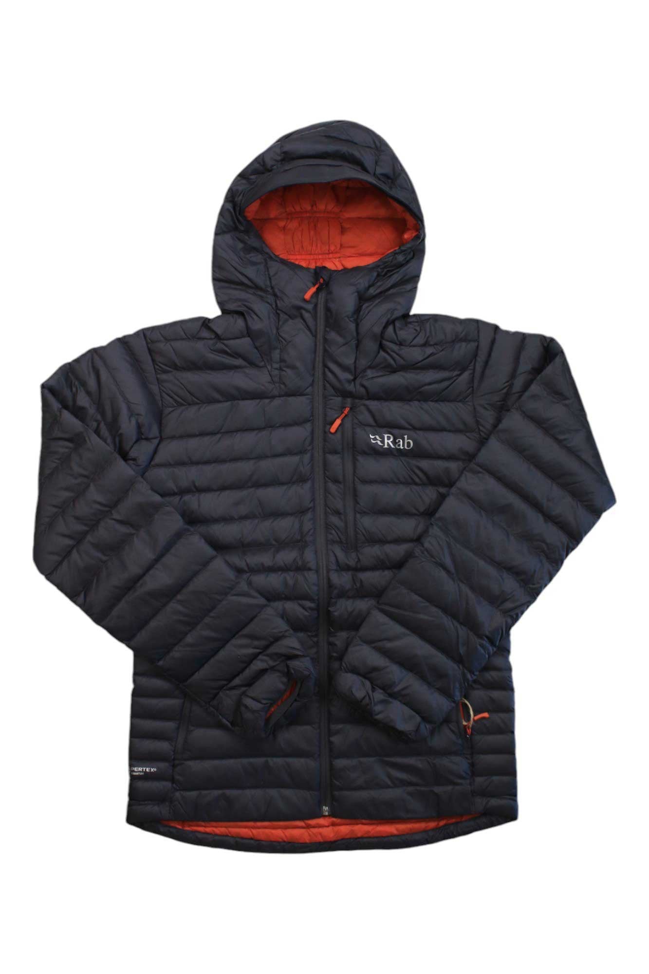 Men's black hooded puffer jacket with full-zip and visible red lining; Rab logo.