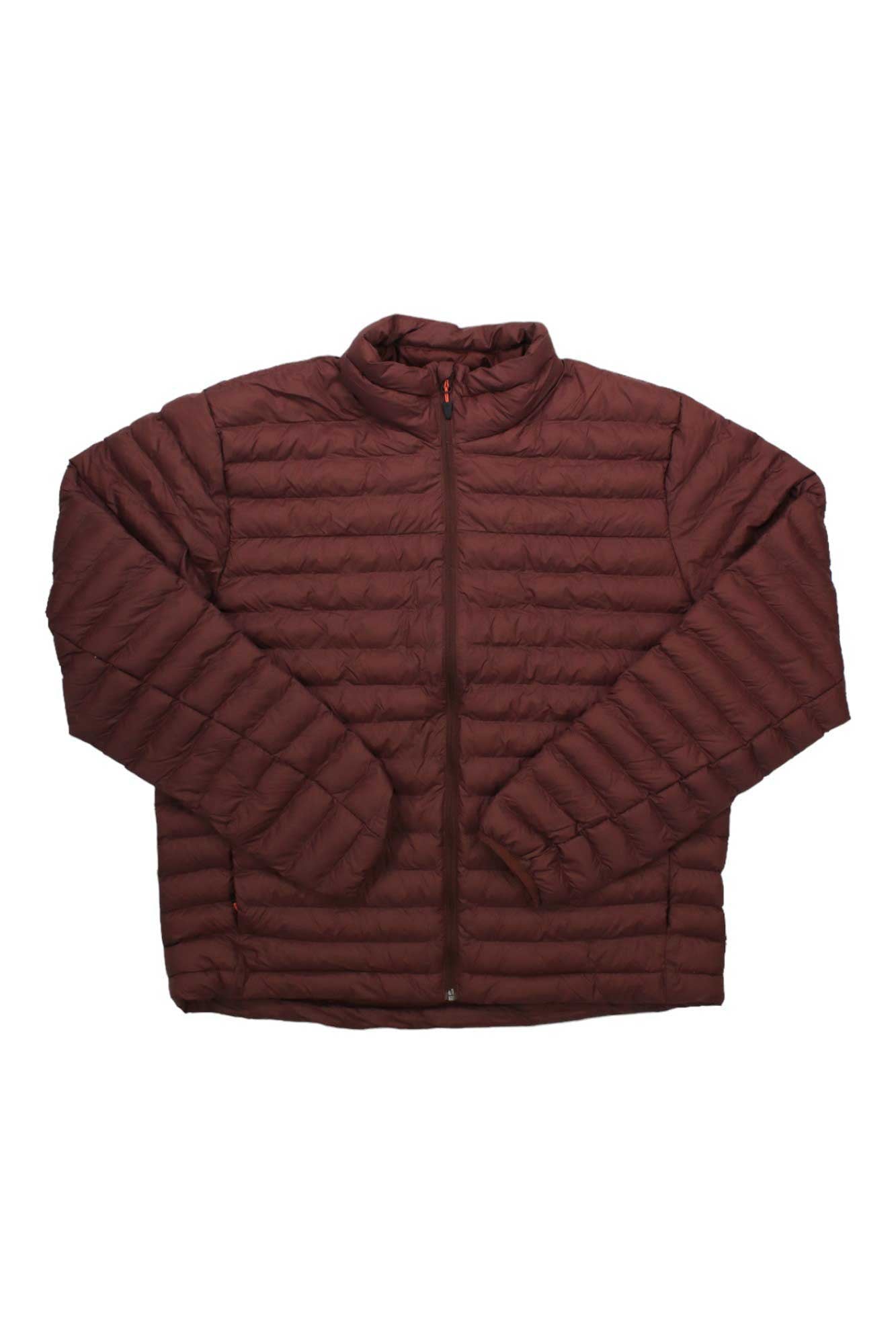 The Mens Echo Featherless Jacket, a maroon puffer with horizontal quilting, synthetic insulation, long sleeves, front zipper, and stand-up collar, is laid flat on a white background.