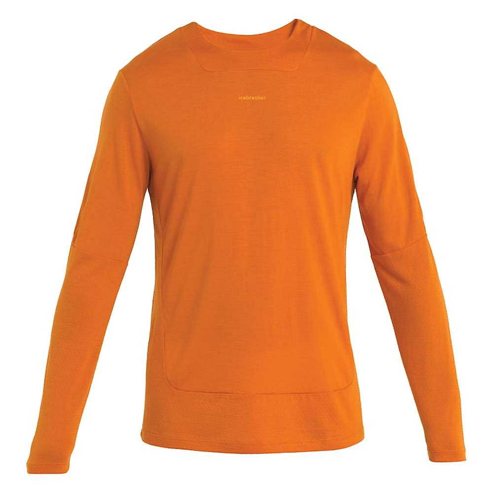 Icebreaker Mens Zoneknit LS Tee in orange, made from breathable Merino wool. Long sleeves, crew neck, arrow-shaped stitching at shoulders and front, with small text below the neckline. Shown on a white background.