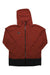 A rust-red Flylow Mens Dante Jacket with a black hem, front zipper, and small left chest logo. This technical hardshell jacket has a waterproof breathable membrane and is shown laid flat on a white background.