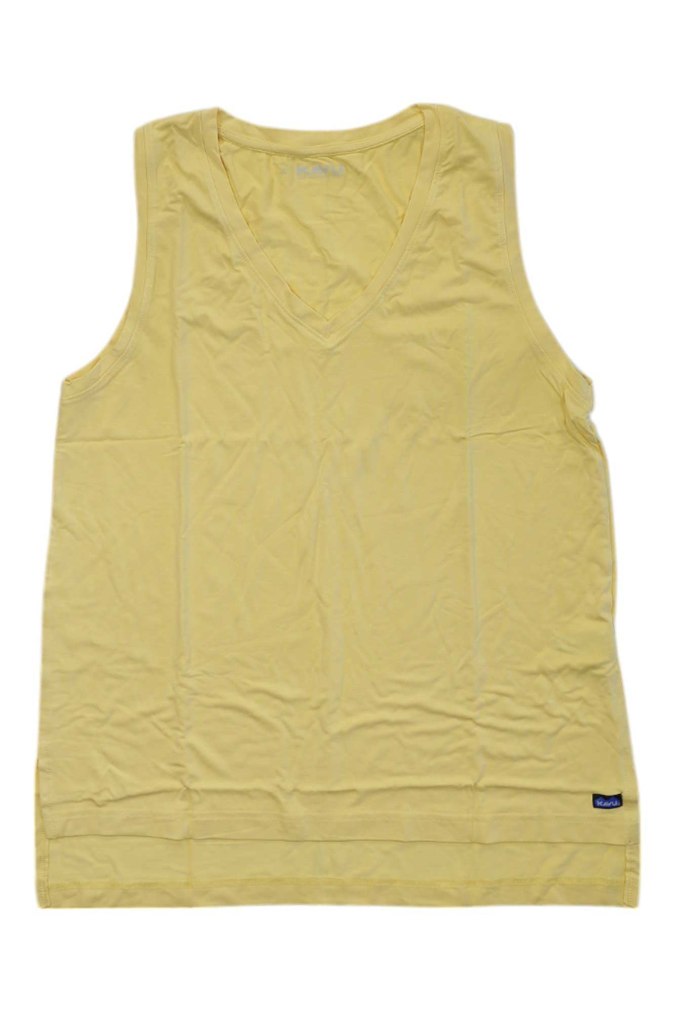 Women's sleeveless scoop-neck top in vanilla yellow with stitched texture and logo patch
