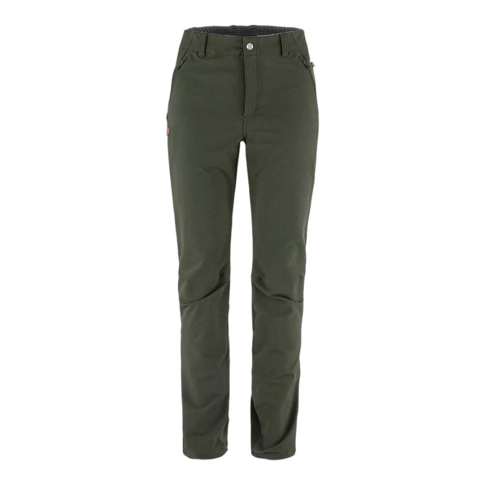 The Fjallraven Womens Abisko Winter Stretch Trouser in olive green features straight legs, a front button and zipper closure, and side pockets—ideal as soft-shell outdoor pants, shown against a white background.