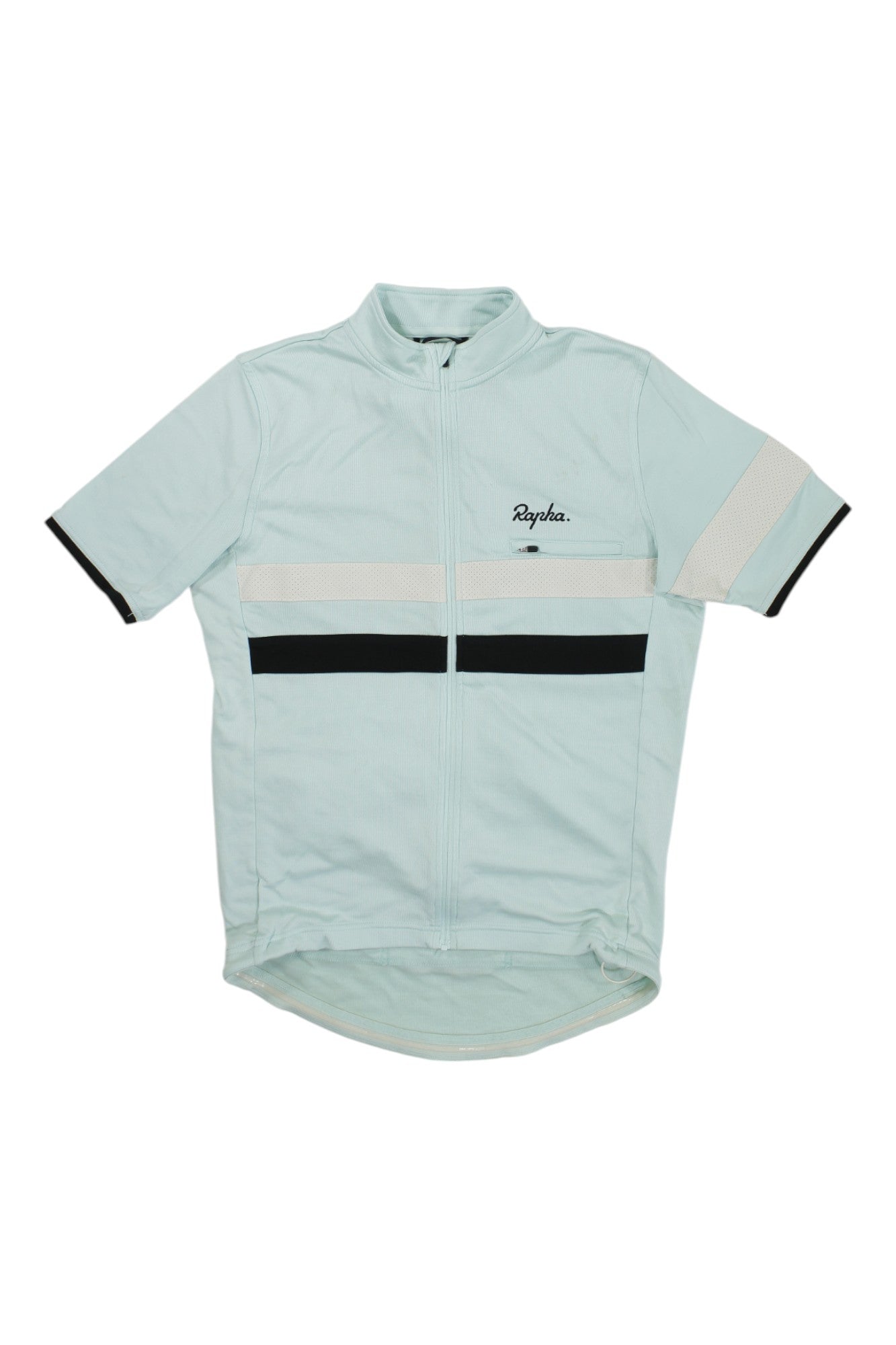 The Rapha Brevet Jersey II is a light blue short-sleeve merino cycling jersey with reflective details, full front zipper, white and black chest stripes, and left chest Rapha logo—perfect for long-distance rides.