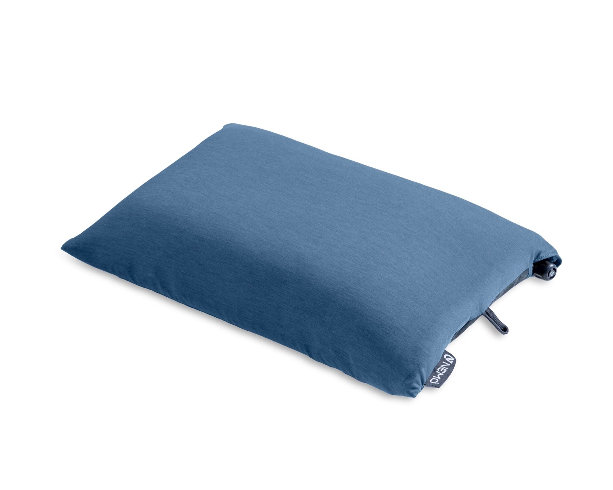 The Nemo Fillo Pillow is a rectangular blue travel pillow with a drawstring and a small branded fabric tag, ideal for camping, shown resting on a white background.