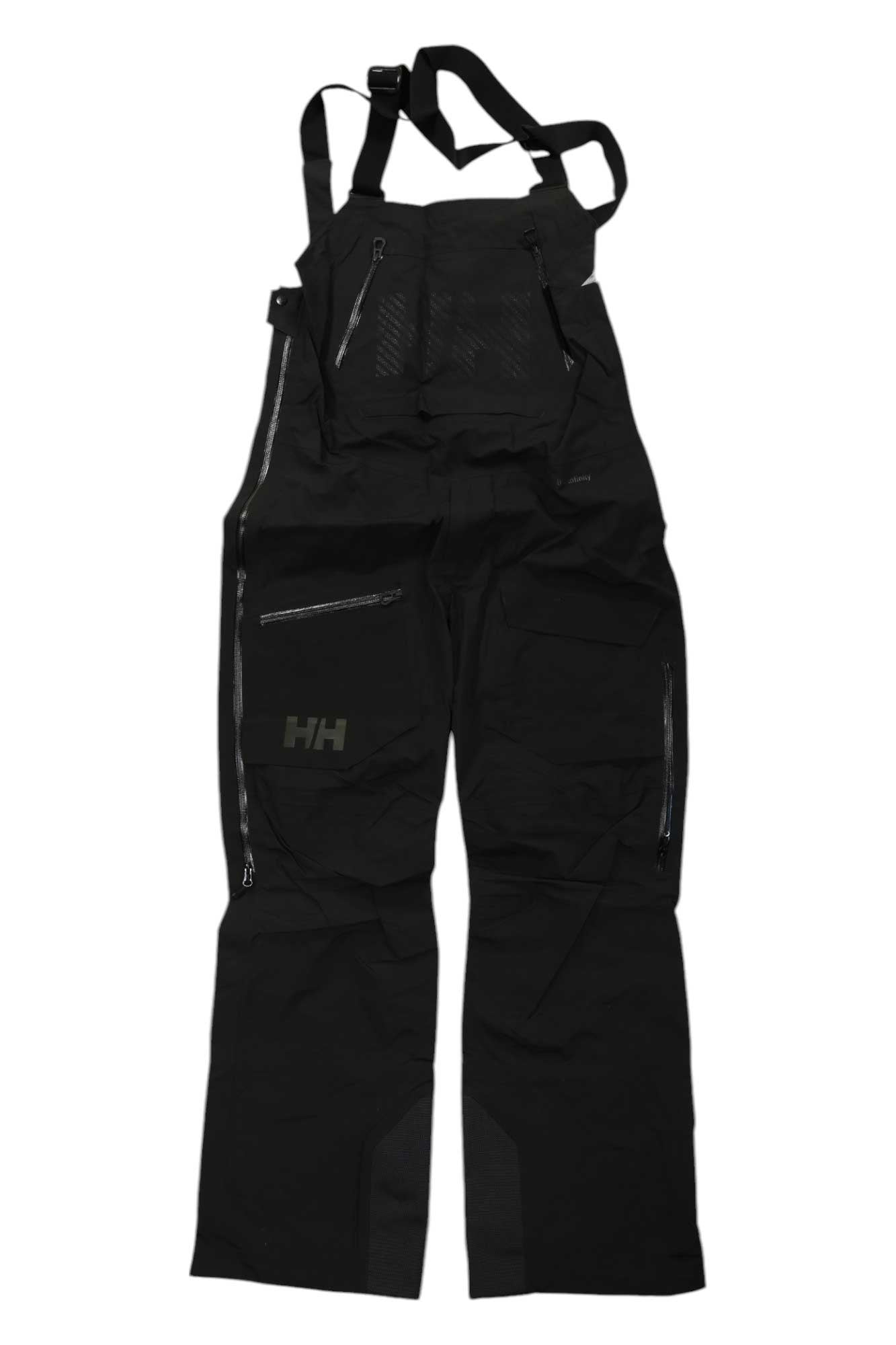The Helly Hansen Mens Ridge Infinity Bib Shell Pant features adjustable shoulder straps, chest pockets, side zippers, and the HH logo. Its durable, waterproof fabric makes it ideal for outdoor work or skiing.