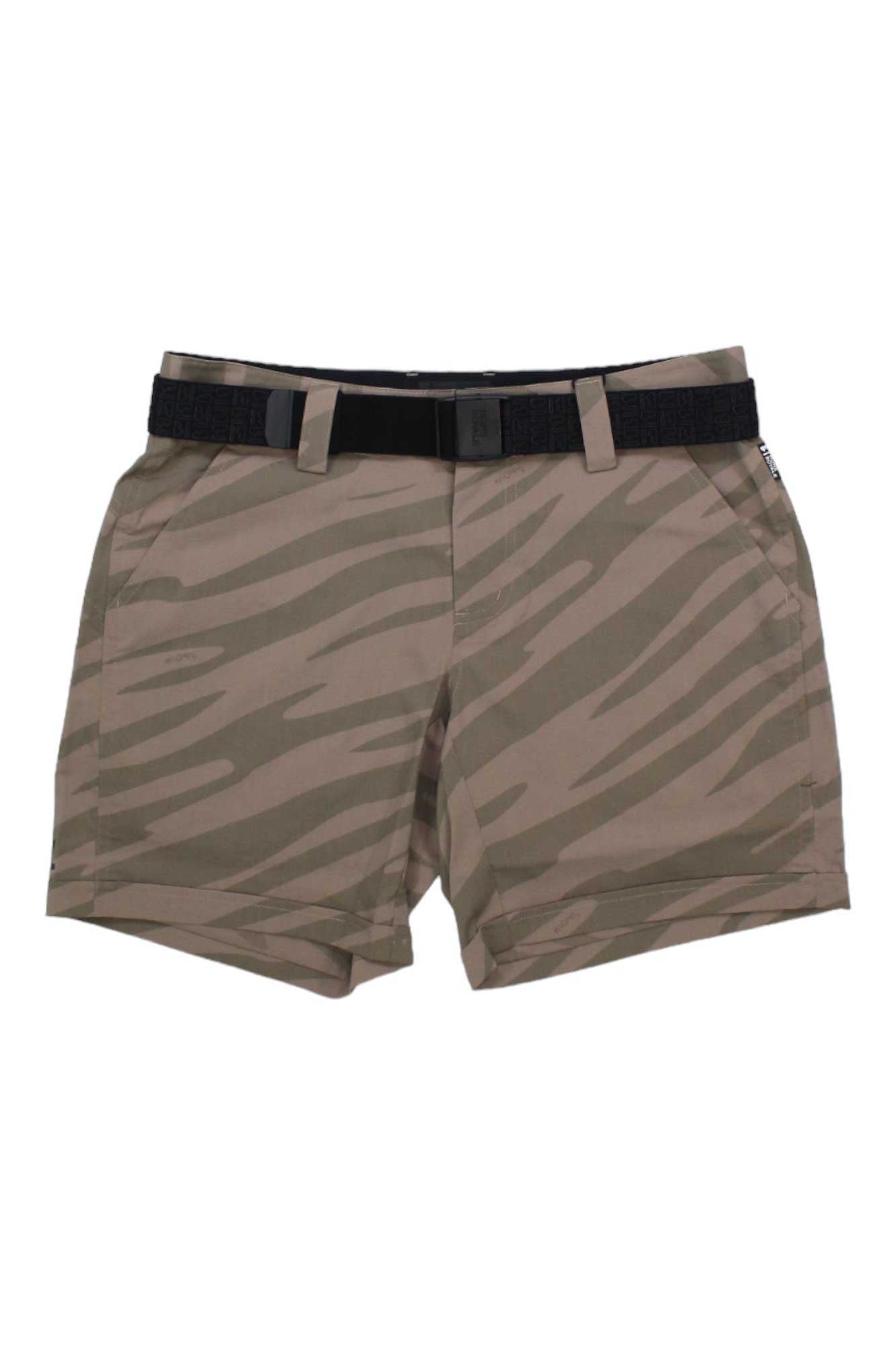 The Mons Royale Womens Drift Short is a relaxed fit, khaki and light brown zebra-print hiking short with a black belt, belt loops, and side pockets, shown laid flat on a white background.