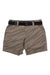 The Mons Royale Womens Drift Short is a relaxed fit, khaki and light brown zebra-print hiking short with a black belt, belt loops, and side pockets, shown laid flat on a white background.