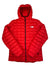 The Mens Circuit Fleece is a bright red, quilted hooded jacket with a black zipper and a white The North Face logo on the left chest. Perfect for outdoor adventures, this puffy fleece is shown against a white background.
