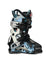 The Dahu Womens Ecorce 01 W110 Flex Ski Boot, in black, white, and blue camo with metal buckles and Primaloft insulation, stands upright against a white background—perfect for all-mountain skiers.