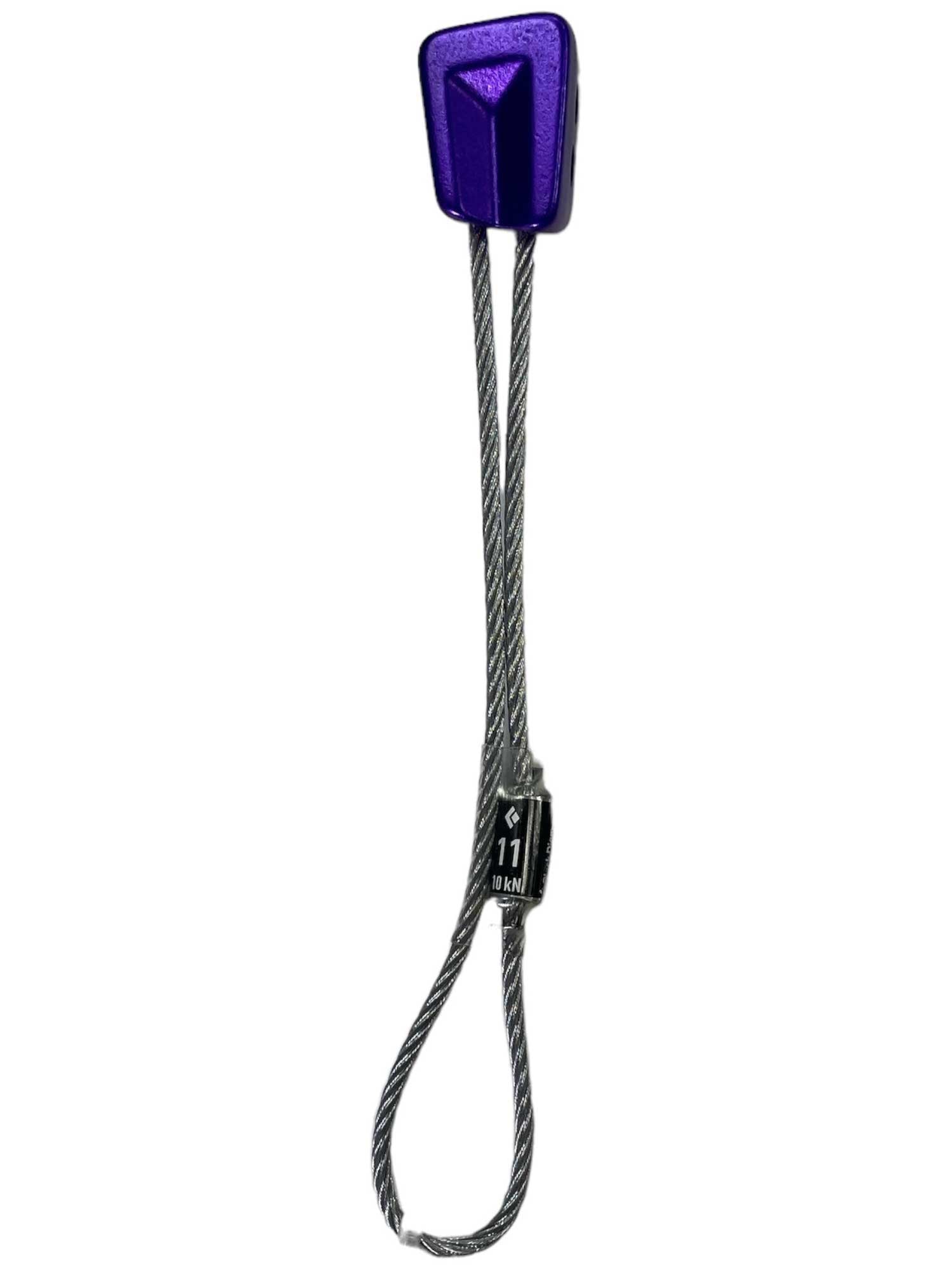 A Black Diamond Offset Stopper (size 11, 10 kN) features a purple metal wedge on a looped steel cable, used as rock climbing protection gear.