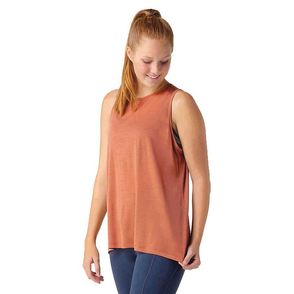 Women’s merino sport high-neck tank, sleeveless, rust orange, curved hem