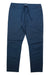 The Roark Men's The Layover 2.0 Pant in blue stretch canvas features zippered side pockets, a drawstring waist, straight legs, and a relaxed fit, shown laid flat on a white background.