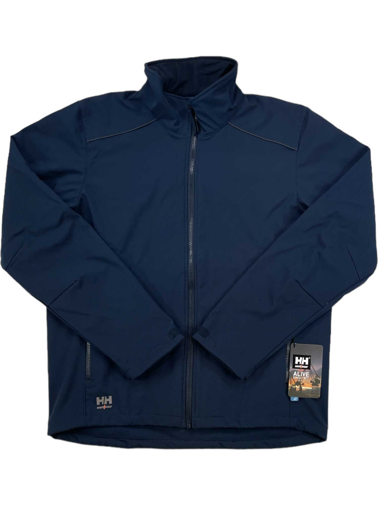 The Helly Hansen Mens Manchester 2.0 Softshell Jacket in navy blue features a full front zipper, high collar, and zippered pockets. Water repellent and ideal for hiking, it is shown laid flat with sleeves crossed and a branded tag on the bottom right.