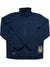 The Helly Hansen Mens Manchester 2.0 Softshell Jacket in navy blue features a full front zipper, high collar, and zippered pockets. Water repellent and ideal for hiking, it is shown laid flat with sleeves crossed and a branded tag on the bottom right.
