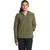 A woman stands facing forward with her left hand in her pocket, wearing an olive green Womens Mountain Sweatshirt Hoodie 3.0 from The North Face and dark pants, against a plain white background.