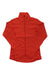 The Norrona Womens Falketind Warm1 Fleece Jacket in bright orange features a high collar, long sleeves, and a curved hem. Laid flat on a white background, this lightweight fleece is ideal for outdoor adventures.