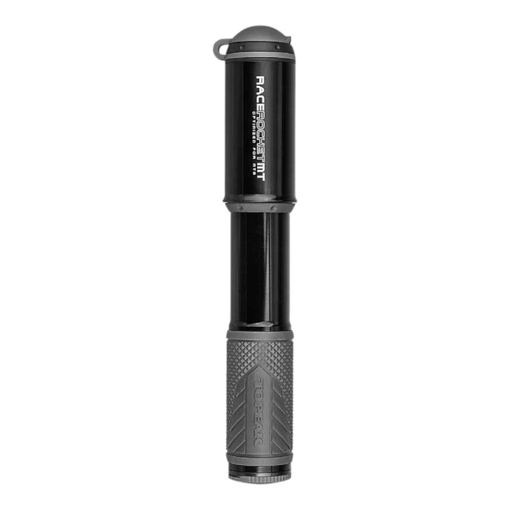 The Topeak Race Rocket MT Pump is a compact, black and gray bike pump with a textured grip, shown standing vertically against a white background.