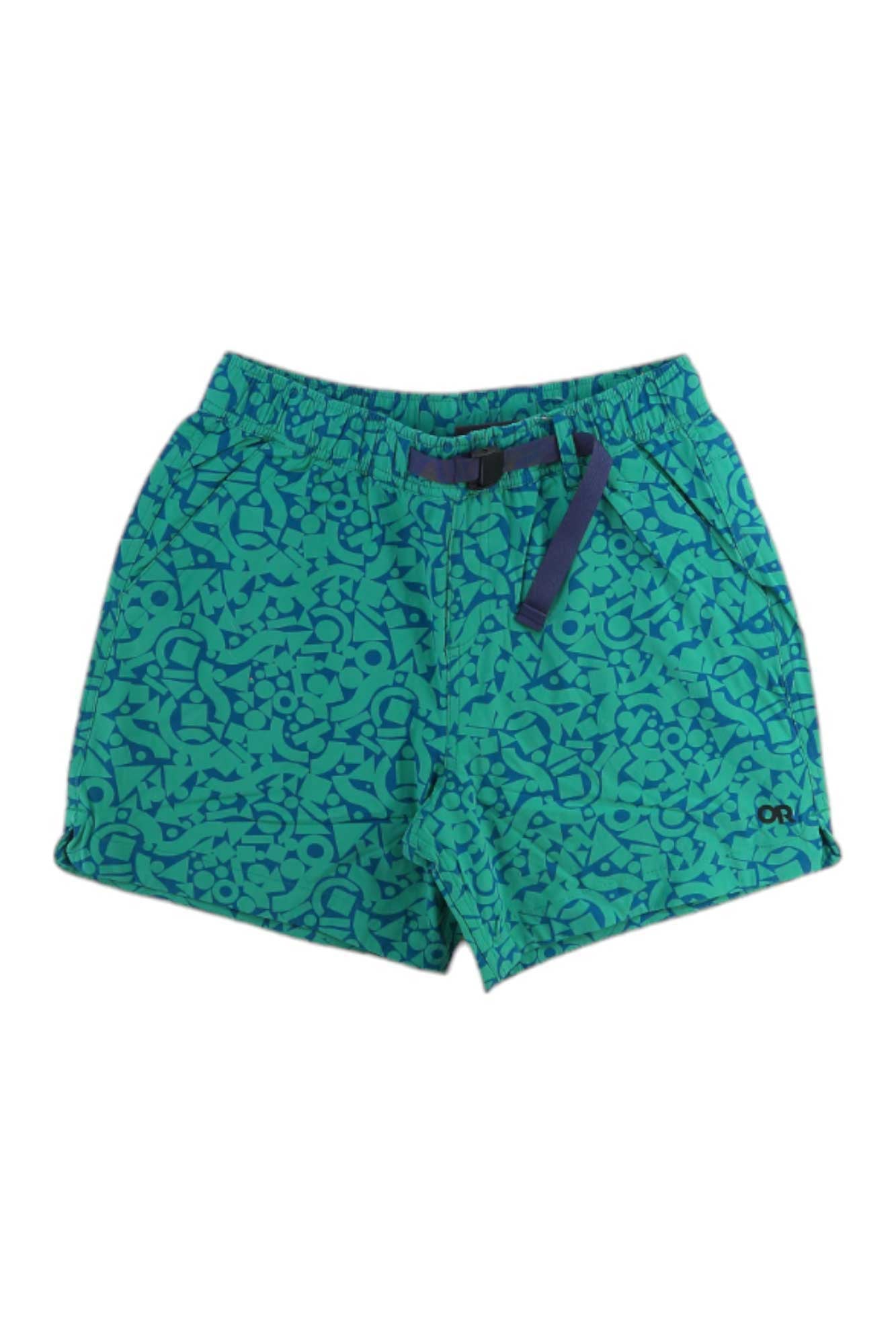 The Outdoor Research Womens Ferrosi 5 Inch Short is shown laid flat on a white background. These quick-drying green shorts feature an abstract blue pattern, elastic waistband, side pockets, a blue drawstring, and a small black logo on the left leg.