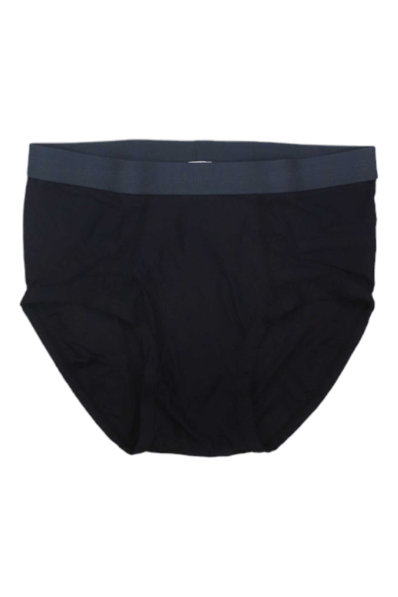 The ExOfficio Men's Give-N-Go 2.0 Brief features plain black fabric, a dark gray elastic waistband, and moisture-wicking material, shown against a white background.