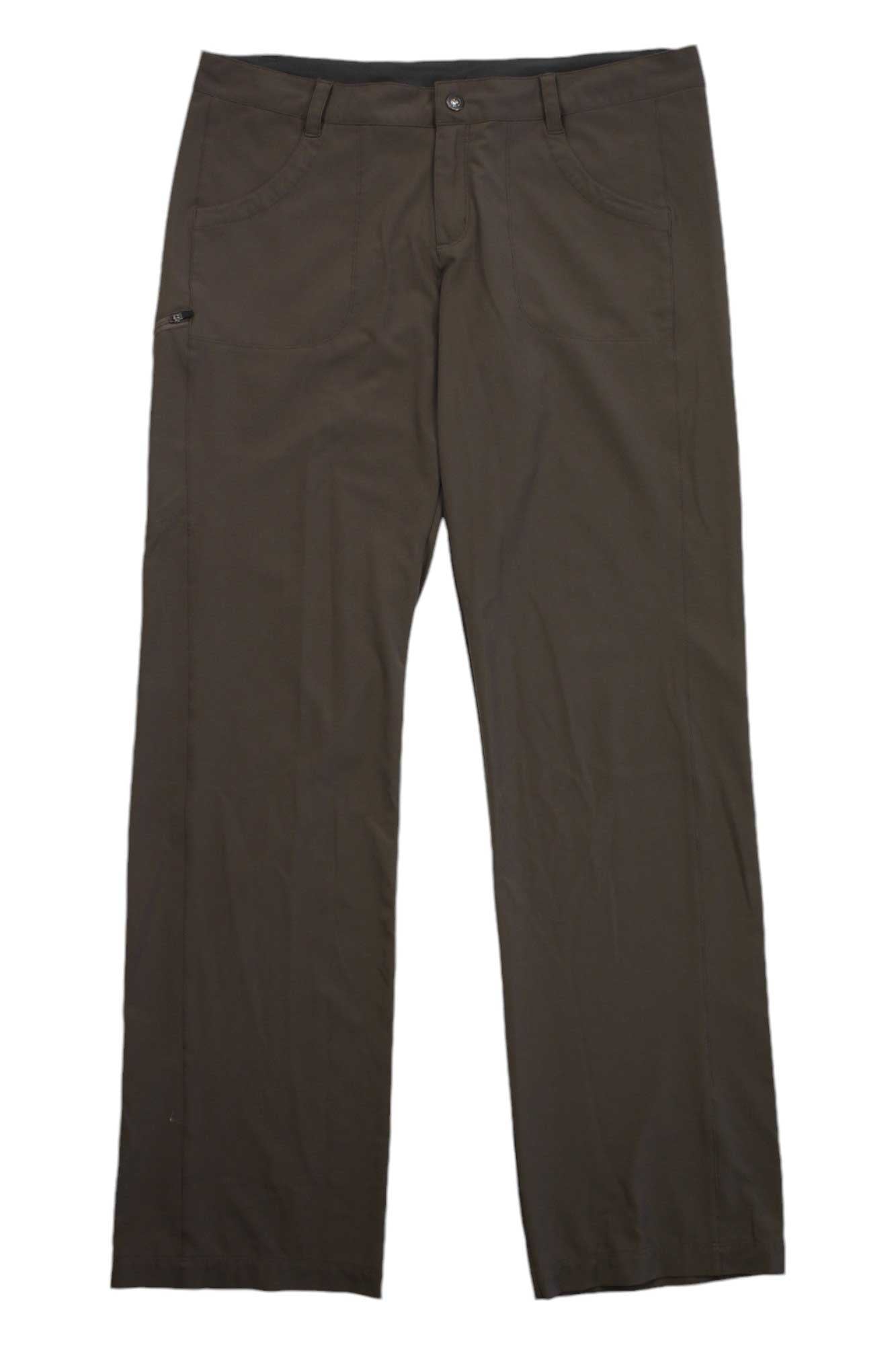 The Womens Happy Hike Pants are plain dark brown hiking pants with front pockets, button closure, and a flat waistband. Laid flat on a white background, these stretch pants provide comfort and functionality for outdoor adventures.