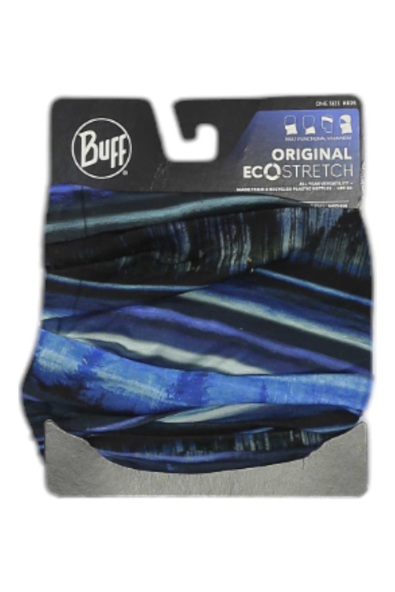 The Buff Juniors Original Multifunction Headwear, shown in packaging, features blue and black patterns and stretchy, breathable fabric for versatile kids’ use as a UPF 50 neck or head covering.