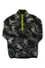 The Obermeyer Men's Boulder Fleece Top features a black and gray camo pattern, long sleeves, high collar, and yellow-green partial snap closure. Made from soft polyester fleece for lasting comfort and warmth.