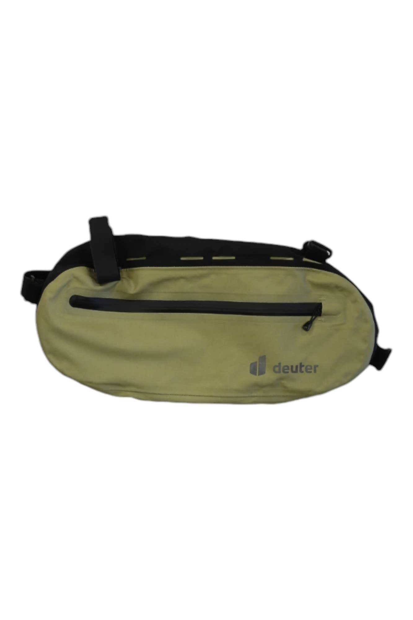 A yellow and black Deuter Cabezon FB 4 Pack waterproof bikepacking bag featuring a front horizontal zipper pocket and adjustable straps for securing to a bicycle frame.
