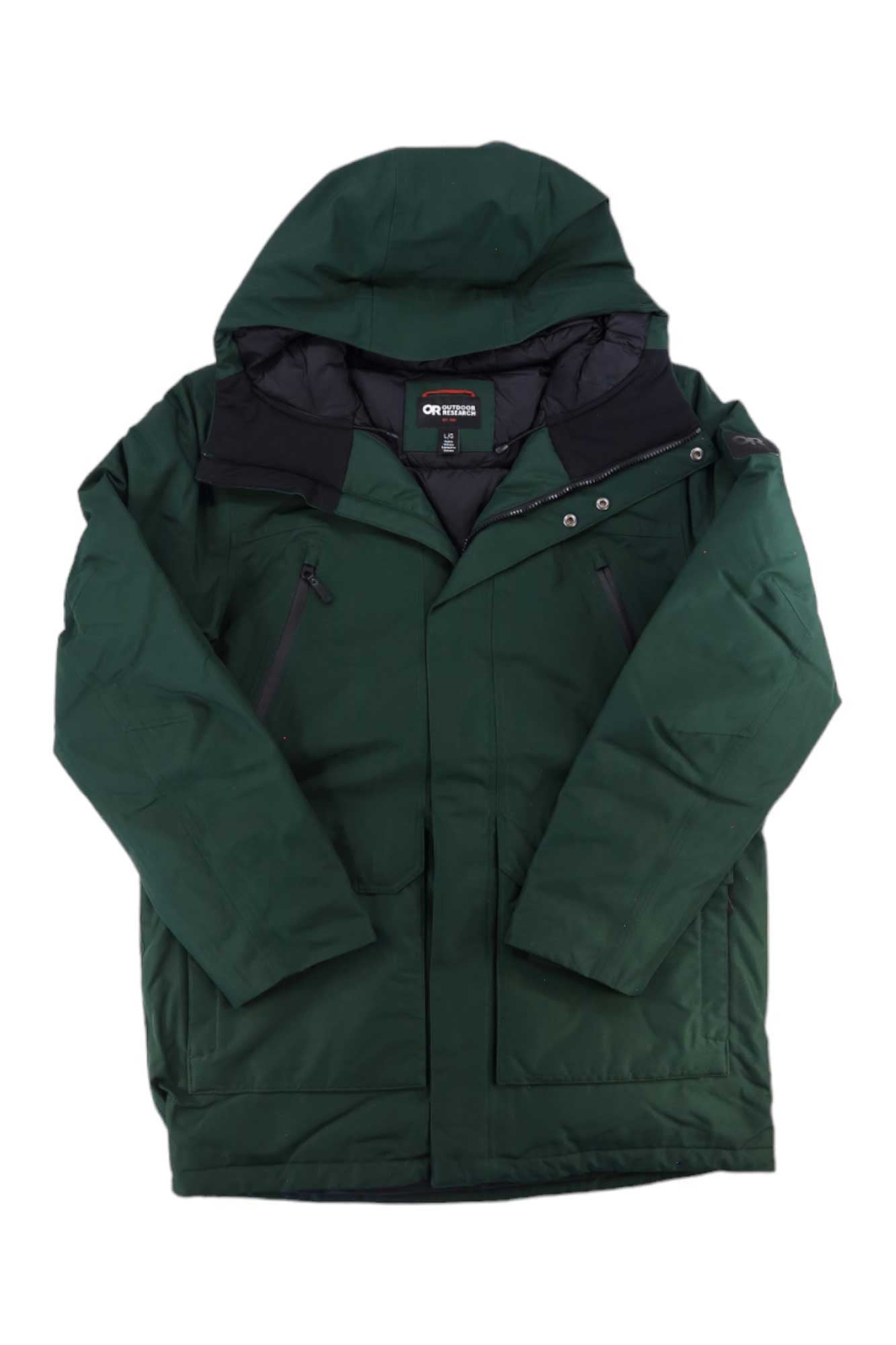 Outdoor Research men's down parka, dark green, hooded full-zip with front pockets