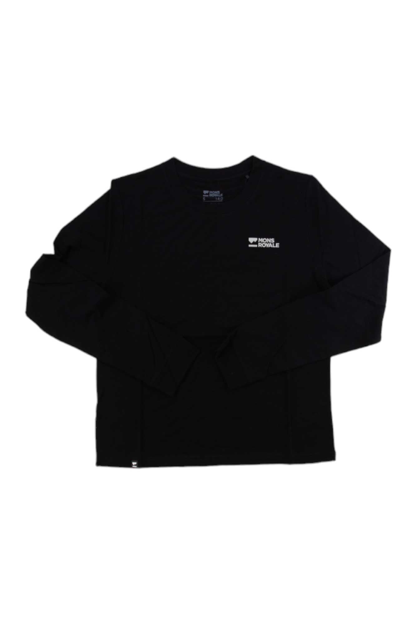 The Mons Royale Womens Icon Relaxed LS Tee is a black long sleeve T-shirt with a small white logo and text on the left chest, ideal for hiking, shown laid flat on a white background.