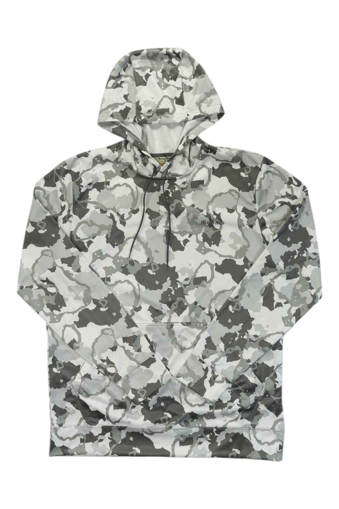 Men's camo hoody with drawstring hood, front kangaroo pocket, gray camouflage pattern