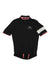 The Rapha Men's Super Lightweight Jersey features short sleeves, a black design with pink trim, a white left sleeve stripe, "Rapha Amsterdam" chest text, a full front zipper, and a slightly longer back.