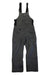 Spyder Mens Terrain Bib Pant in gray, made with EXO Shield recycled polyester, offers adjustable black shoulder straps, zippered and flap pockets, reinforced knees—ideal for outdoor use. Shown laid flat on a white background.