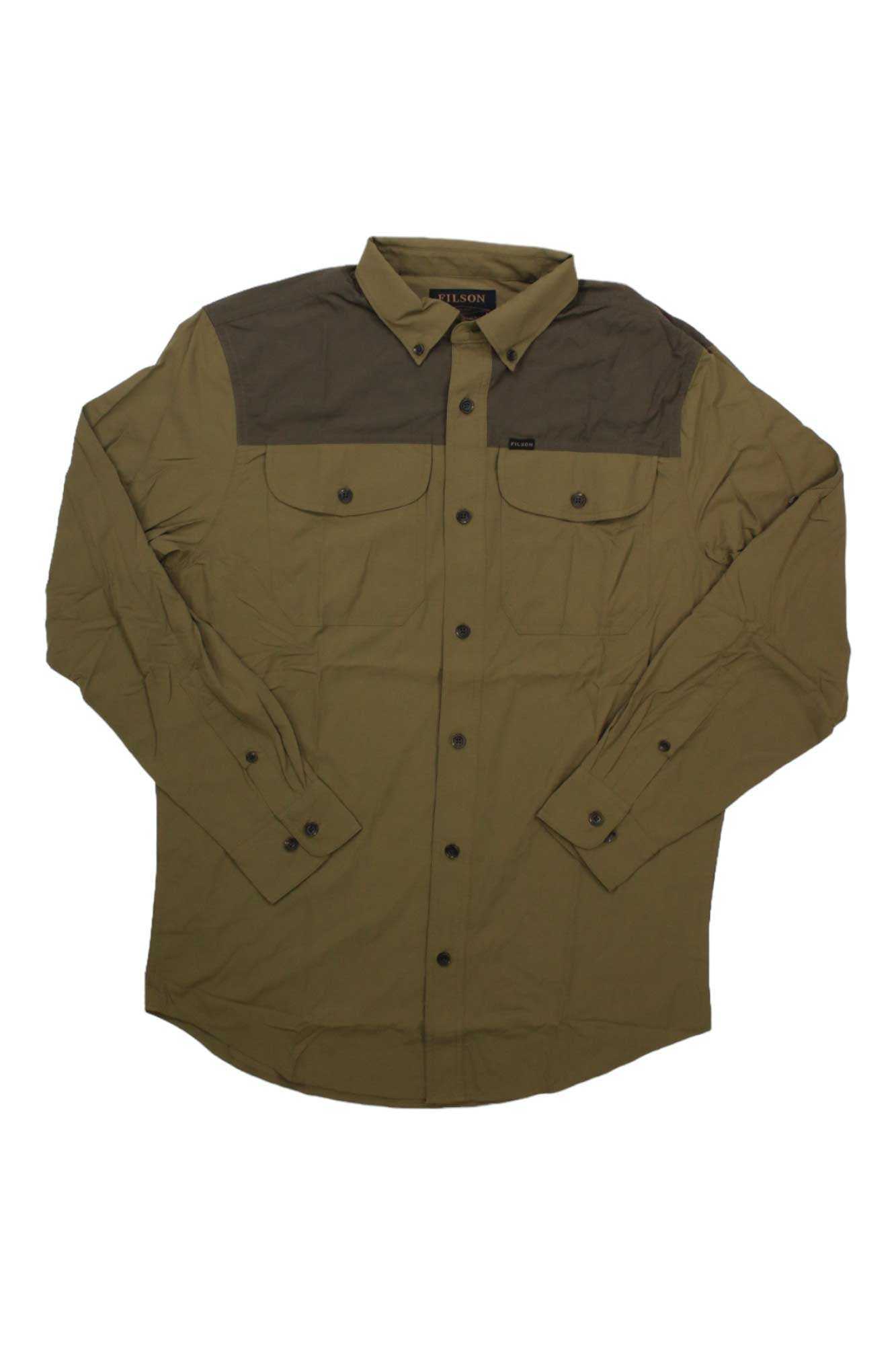 Filson men's sportsman's shirt in dark olive with front buttons and two flap pockets.