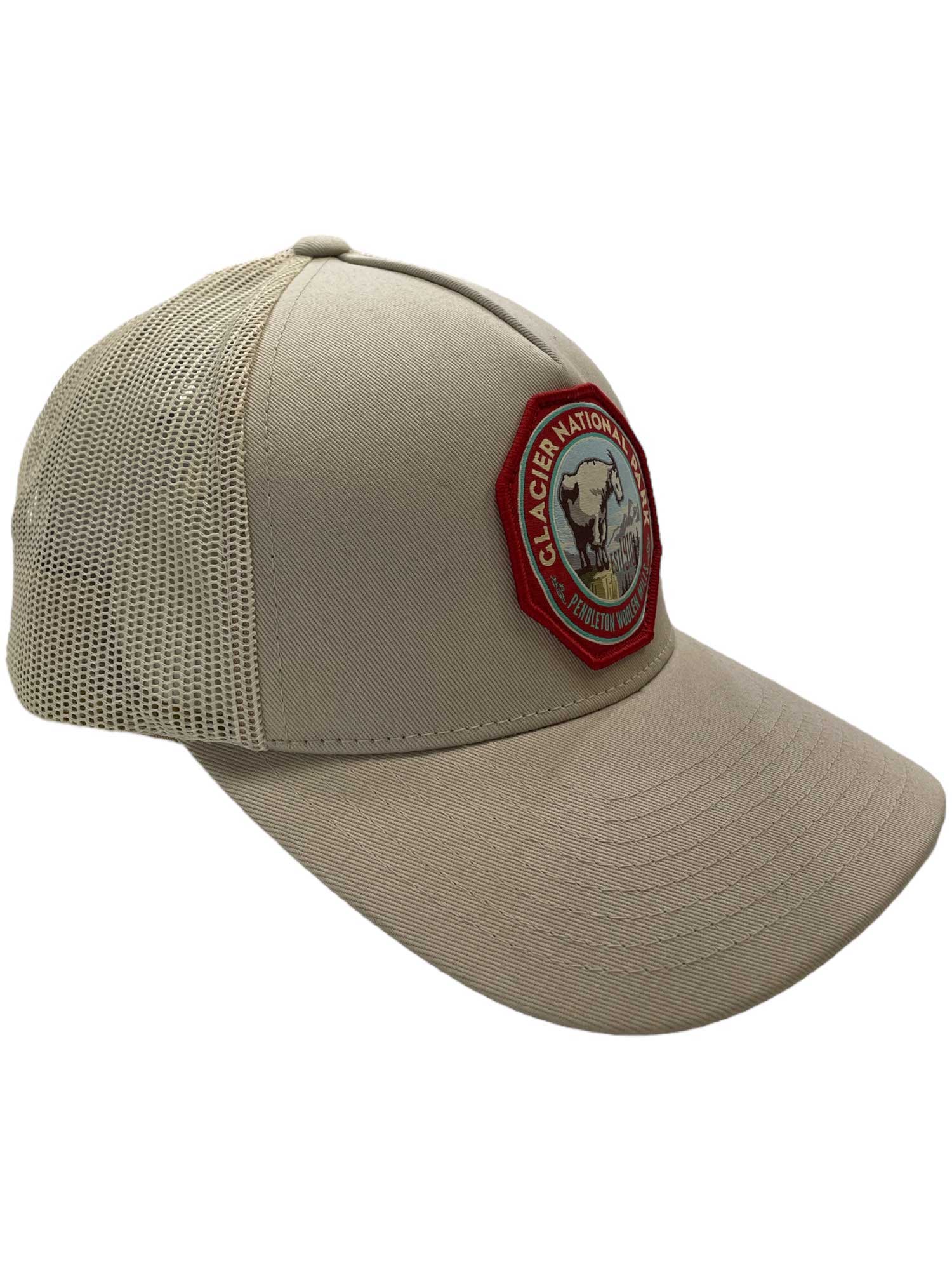 Pendleton NP patch trucker cap in tan with red circular front badge