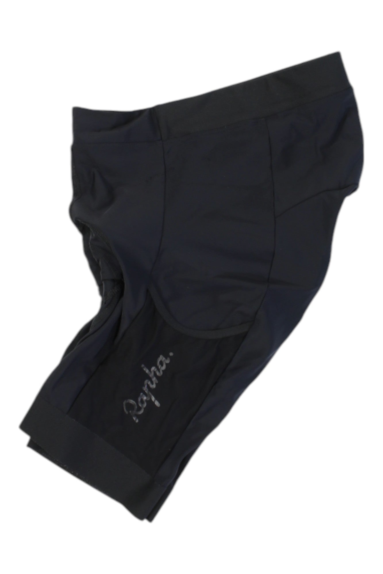The Rapha Core Cargo Shorts are black performance cycling shorts featuring "Rapha" embroidered in white on the left leg, displayed flat on a white background.