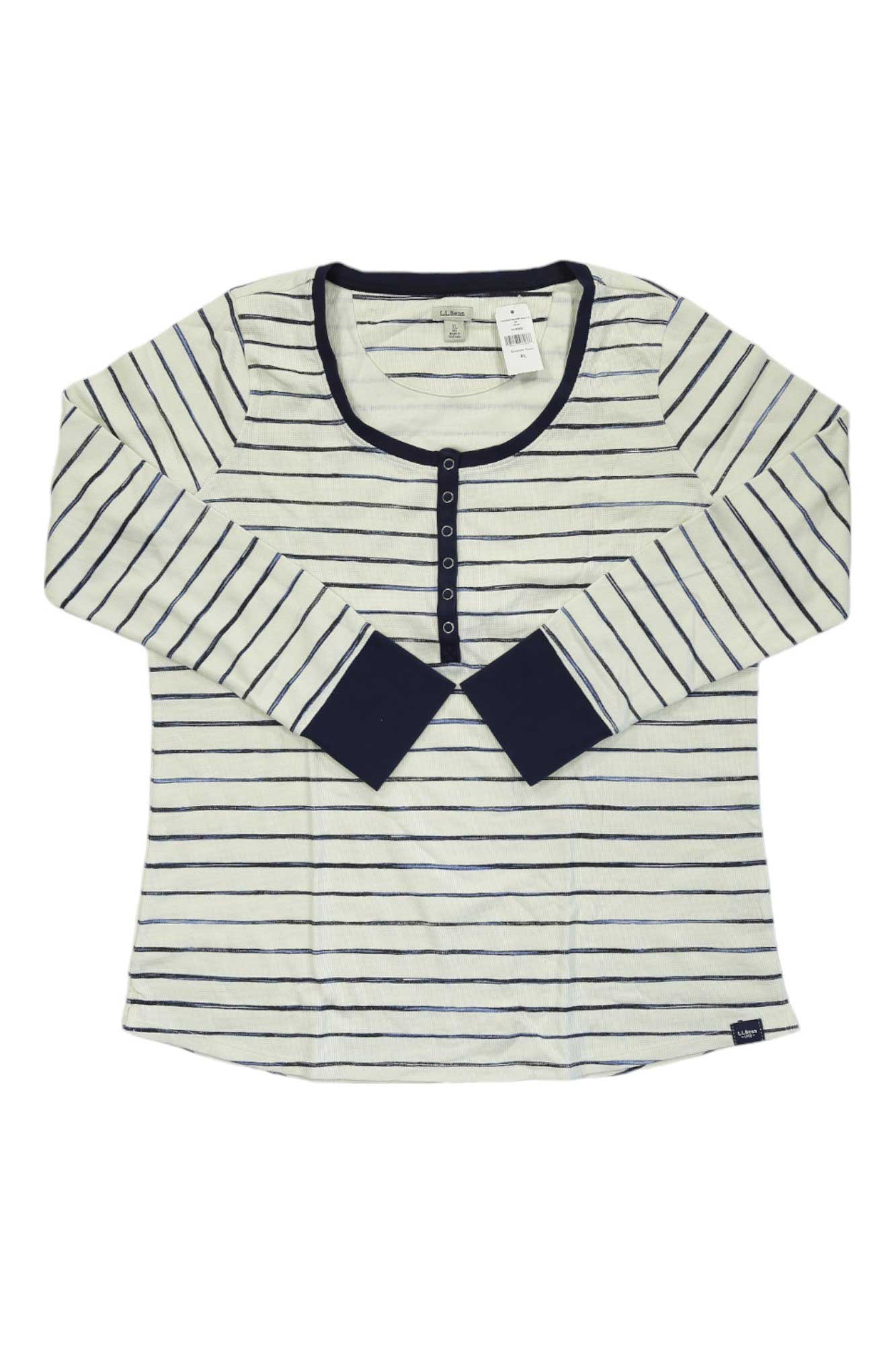Women’s striped long-sleeve henley top with navy button placket and chest diamond appliques