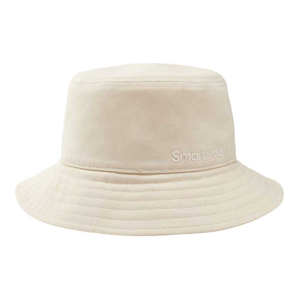 The Smartwool Bucket Hat is a light beige, minimalist hat featuring a wide, downward-sloping brim and white “Smartwool” embroidery. This moisture-wicking hat offers comfort and style for sunny days.