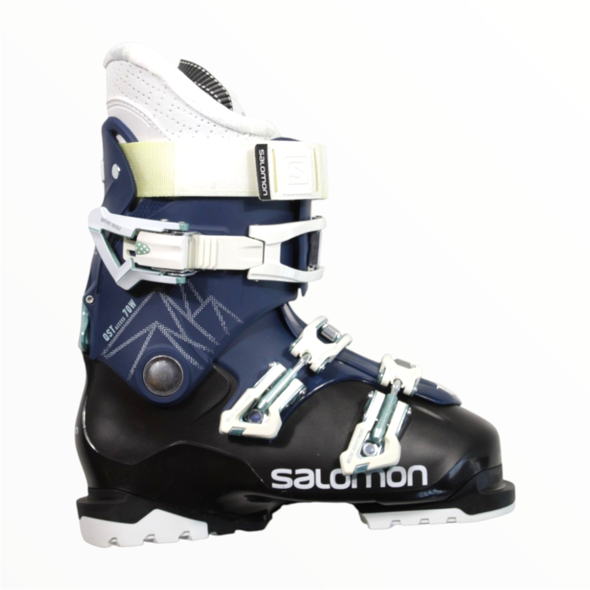 A Salomon Qst Access 70 Ski Boot '22 in black, navy, and white with silver buckles is shown from the side on a plain white background—ideal for anyone looking for comfortable downhill ski boots.