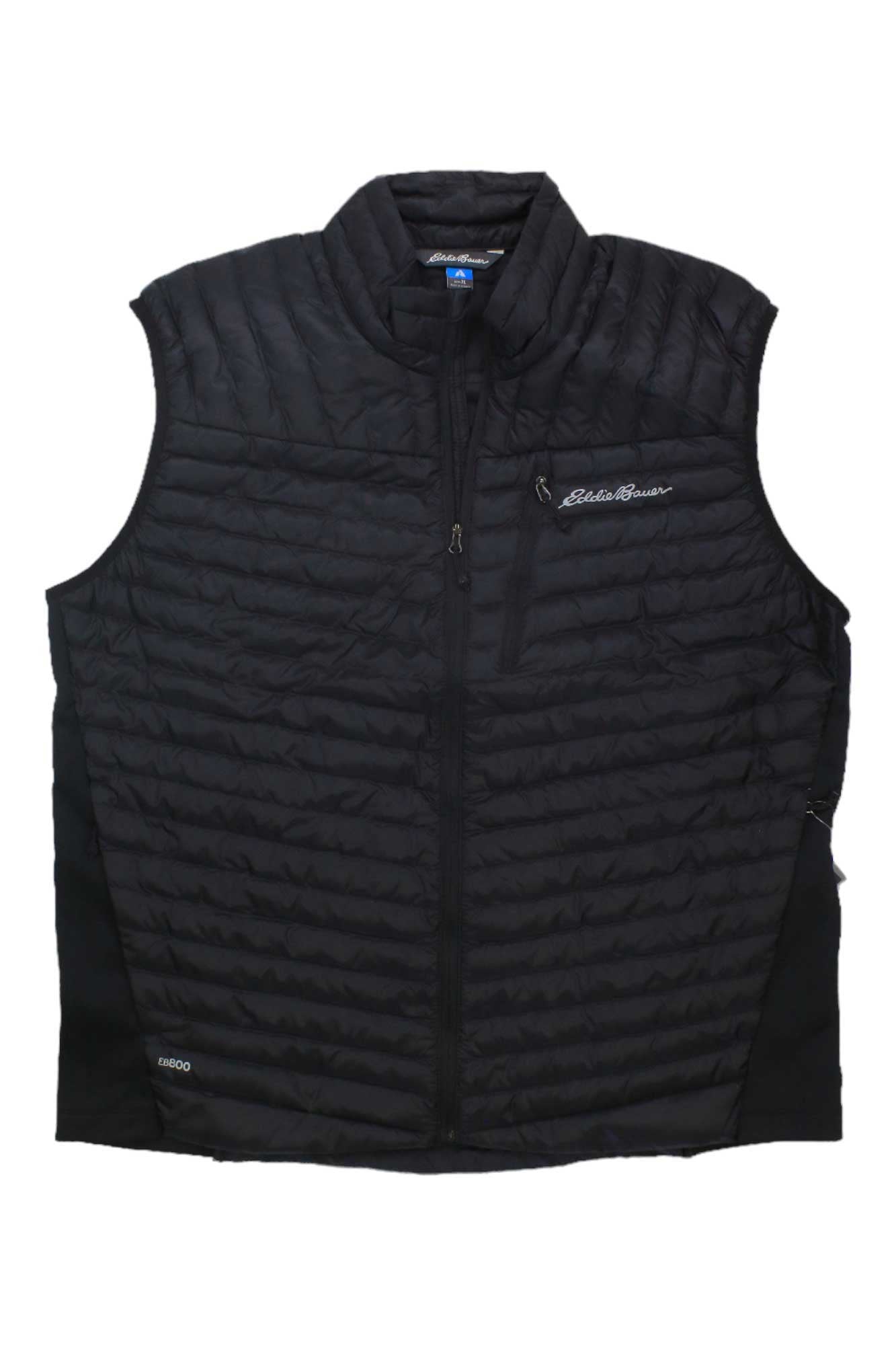 The Eddie Bauer First Ascent Men's Microtherm 2.0 Stormdown Vest is a black, sleeveless vest made from recycled polyester, featuring lightweight insulation, zippered front and pockets, and the logo on the chest for eco-friendly warmth.