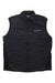 The Eddie Bauer First Ascent Men's Microtherm 2.0 Stormdown Vest is a black, sleeveless vest made from recycled polyester, featuring lightweight insulation, zippered front and pockets, and the logo on the chest for eco-friendly warmth.