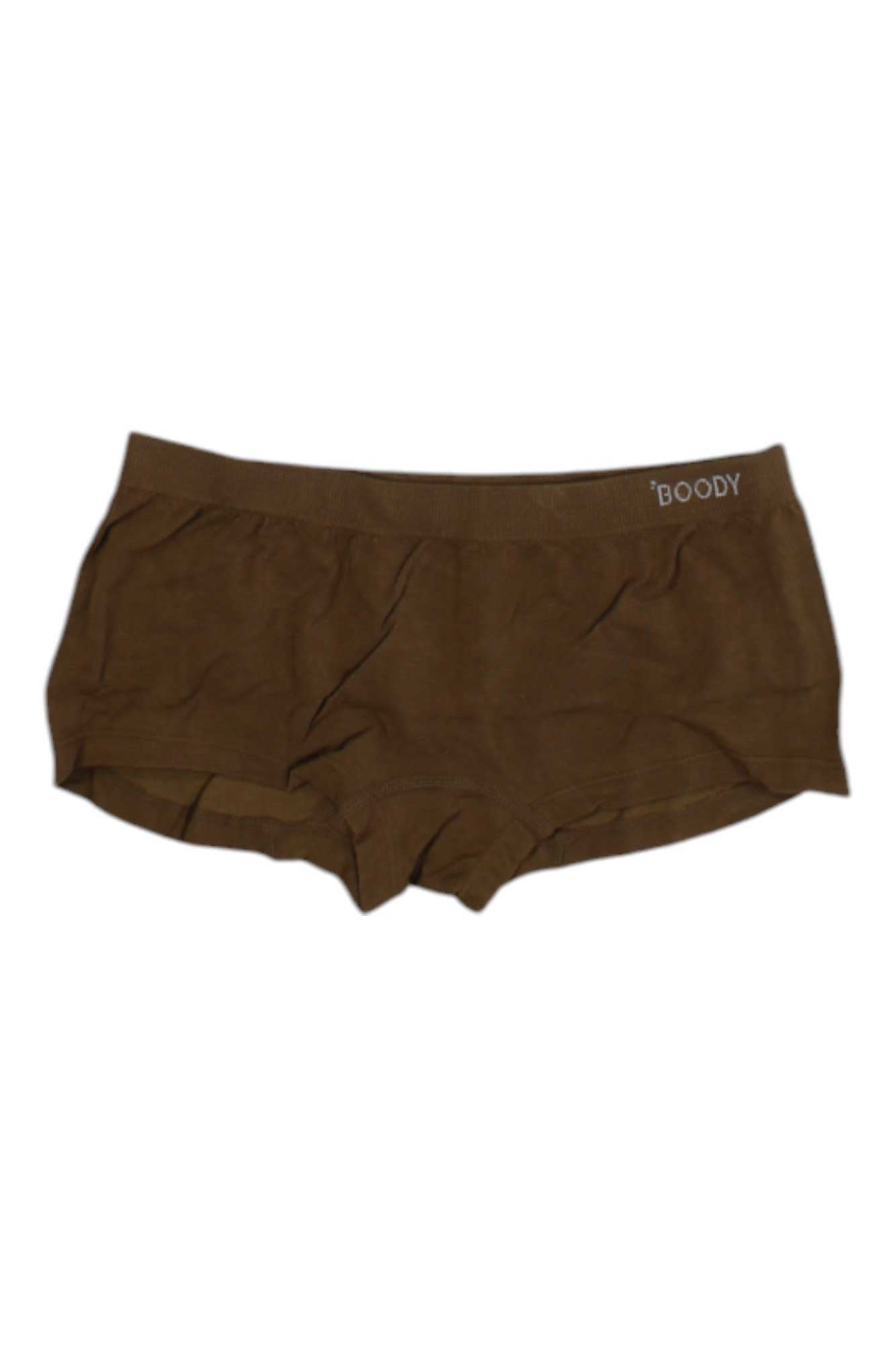 Women’s boy leg brief in dark brown, mid-rise waistband with Boody logo