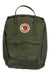 The Kanken Pack in green has a front zipper pocket, two handles, and Fjällräven’s circular red-and-white logo patch—ideal as a water-resistant backpack for outdoor activities.