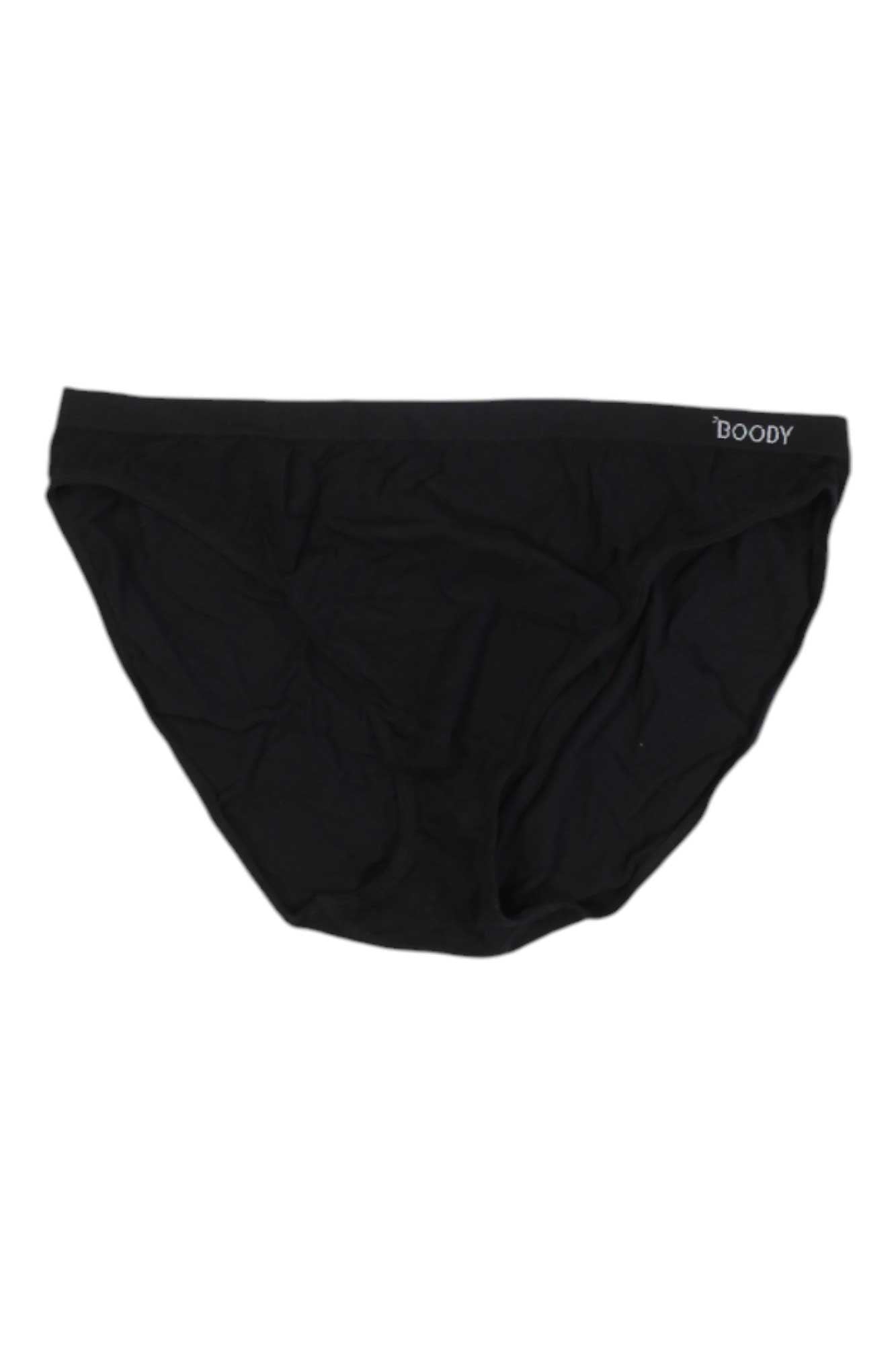 The Boody Womens Classic Bikini features plain black, eco-friendly briefs with a small BOODY logo on the waistband, crafted from moisture-wicking fabric for all-day comfort.