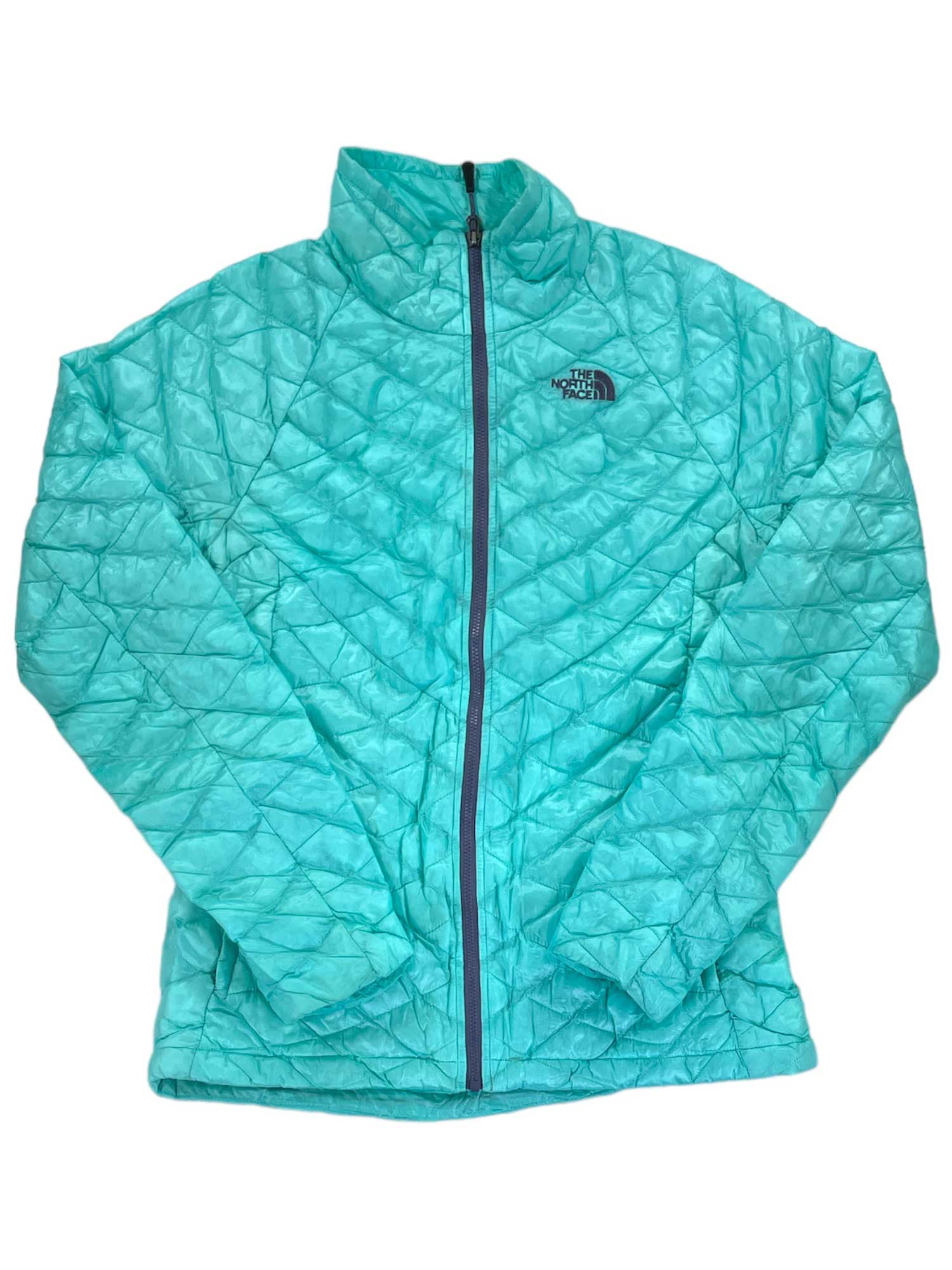 The Women's ThermoBall Insulated Full-Zip Jacket by The North Face is turquoise with a front zipper, standing collar, logo on the left chest, and a diamond-patterned design for stylish warmth.