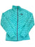The Women's ThermoBall Insulated Full-Zip Jacket by The North Face is turquoise with a front zipper, standing collar, logo on the left chest, and a diamond-patterned design for stylish warmth.