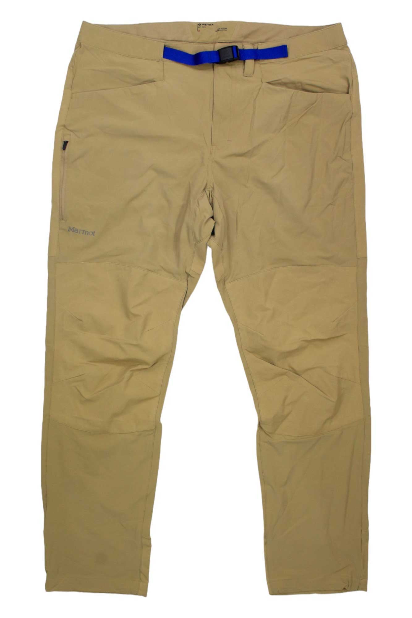 The Marmot Men's Limantour Pant in tan with a blue belt features zipper pockets, articulated knees, and stretch performance fabric for comfort and water repellence, shown laid flat on a white background.