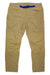 The Marmot Men's Limantour Pant in tan with a blue belt features zipper pockets, articulated knees, and stretch performance fabric for comfort and water repellence, shown laid flat on a white background.